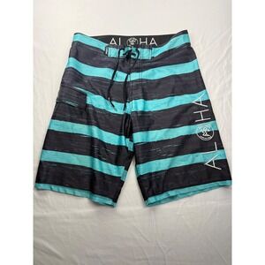 Da Hui Mens Board Shorts Size 30 Teal Black Striped Aloha Surf Trunks Cargo